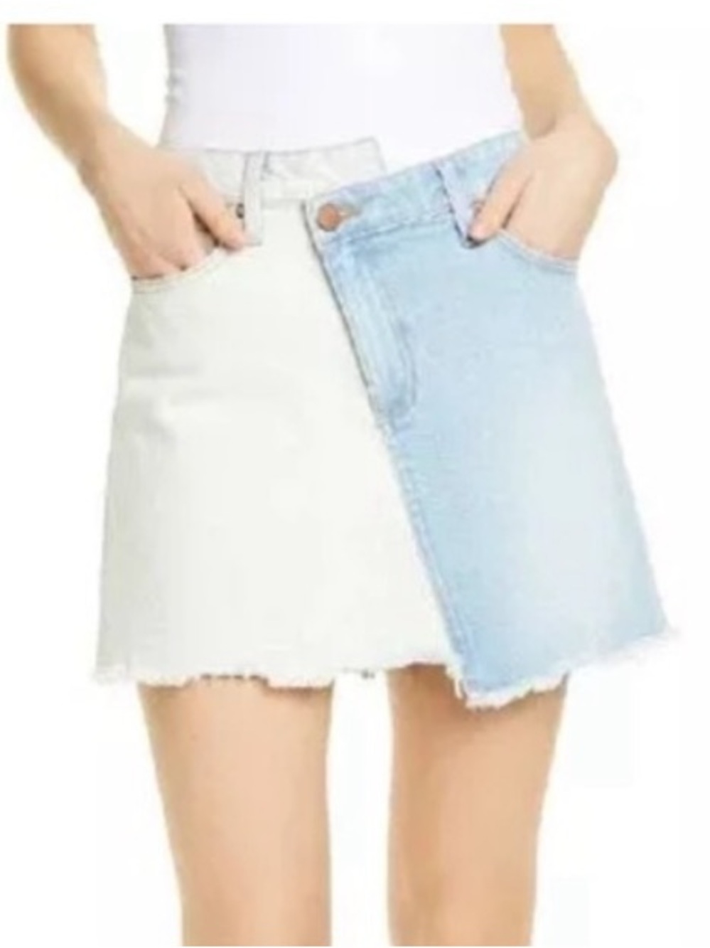 Alice + Olivia Jeans Two Tone Denim Mini Skirt Size 26 Raw Hem MSRP $265